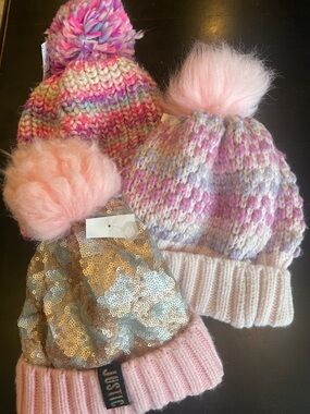 Girls Pom beanies set of 3 new pink